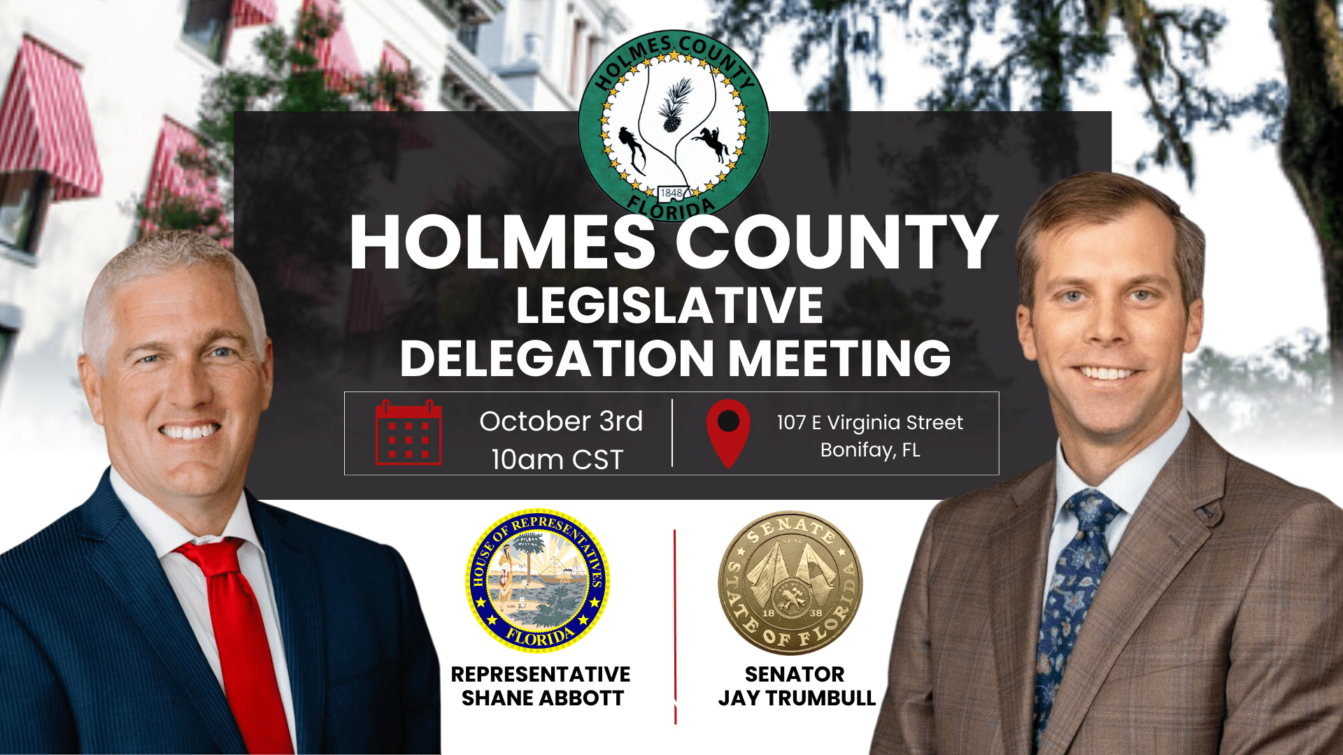 A poster with two men and the text holmes county legislative delegation meeting.