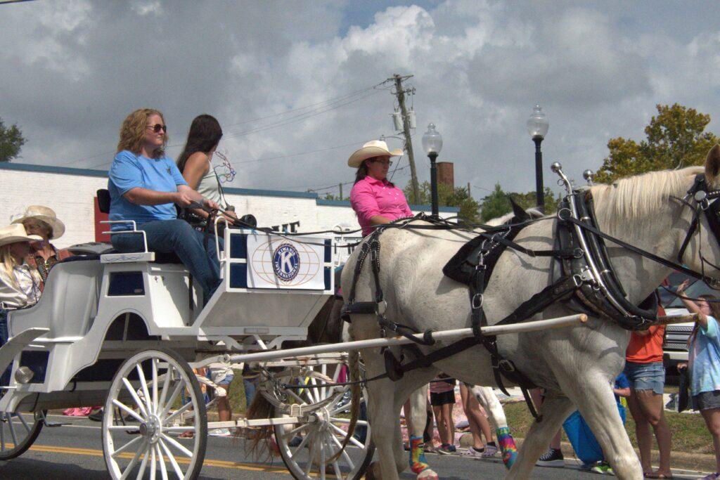 A horse drawn carriage with people riding in it.