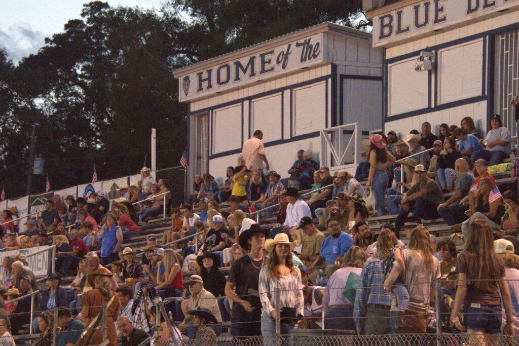 A crowd of people sitting in bleachers at an outdoor event.