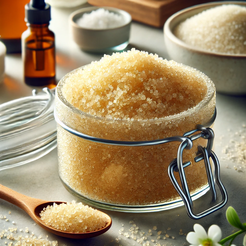 DALL·E 2024-07-26 10.19.19 - A realistic close-up image of a homemade sugar scrub in a 4K resolution. The sugar scrub is in a clear glass jar, showing its textured mixture of suga