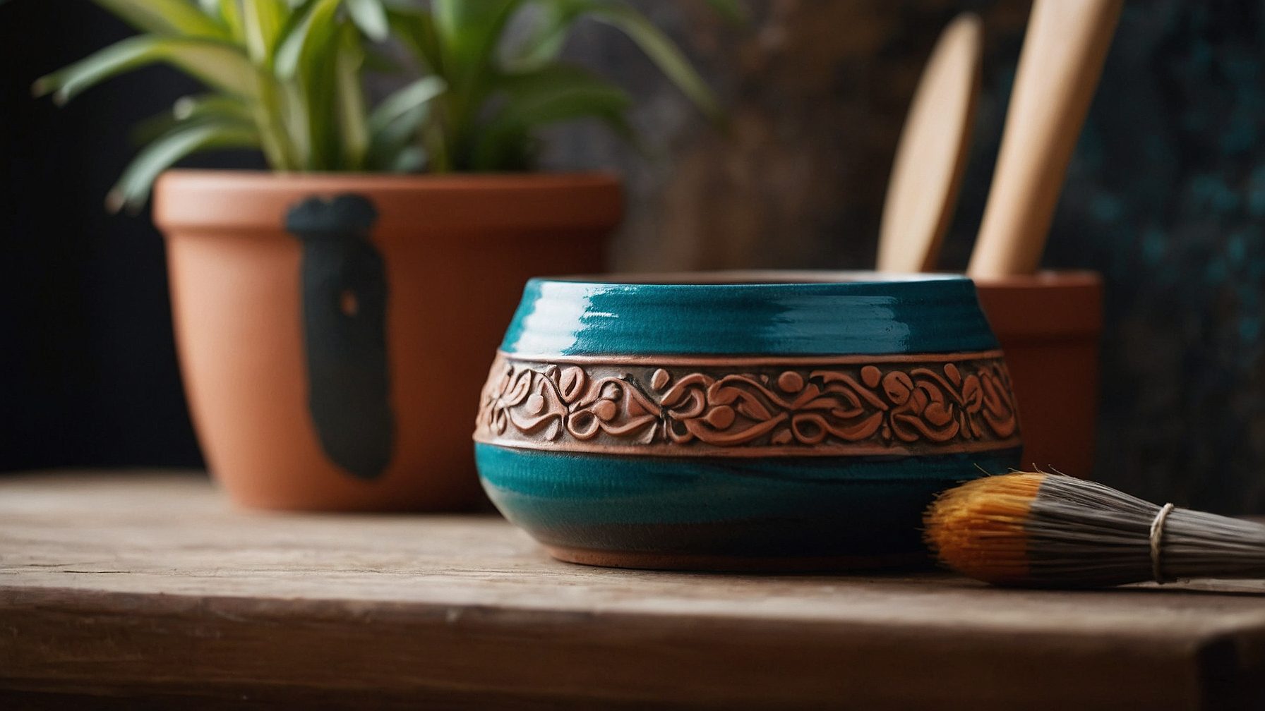 Turquoise decorative ceramic bowl on wooden table
